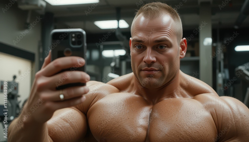 Bodybuilder Taking Selfie in Gym with Focused Expression and Muscle Bodybuilder Taking Selfie in Gym with Focused Expression and Muscle