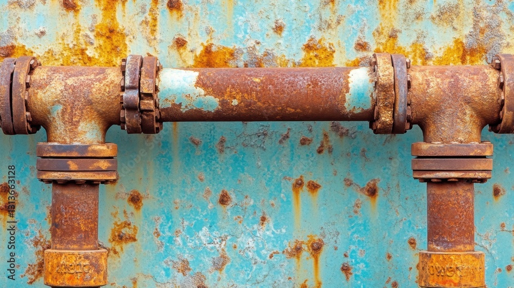 A network of industrial pipes with a metallic light blue coating. A network of industrial pipes with a metallic light blue coating.
