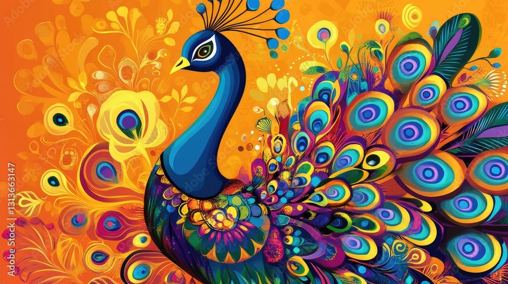 Obraz premium A vibrant abstract peacock with colorful feathers and floral patterns, set against a bold and energetic orange background.