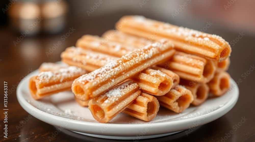 Delightful churro stack dusted with powdered sugar creating a visually enticing dessert presentation Delightful churro stack dusted with powdered sugar creating a visually enticing dessert presentation