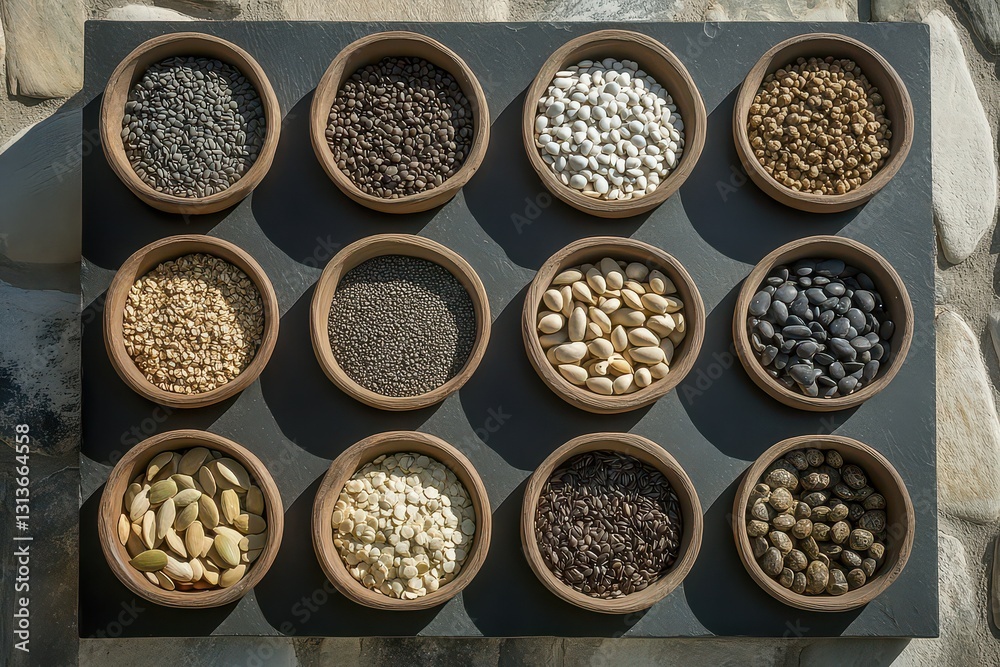Assorted seeds and grains displayed in clay bowls on a stone surface, showcasing diversity Assorted seeds and grains displayed in clay bowls on a stone surface, showcasing diversity