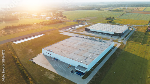 Obraz na płótnie Distribution center surrounded by green fields w salonie