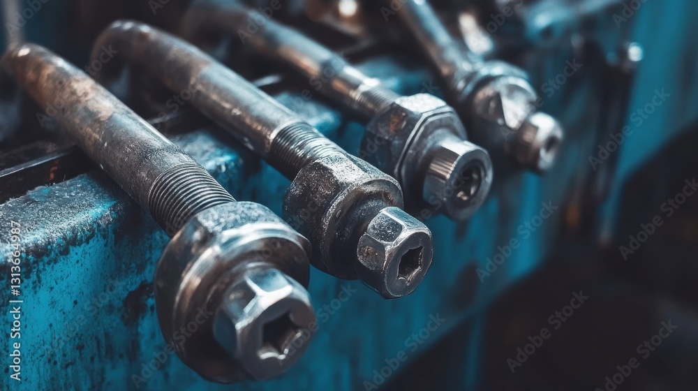 A set of metallic factory instruments resting on a blue steel work surface. A set of metallic factory instruments resting on a blue steel work surface.