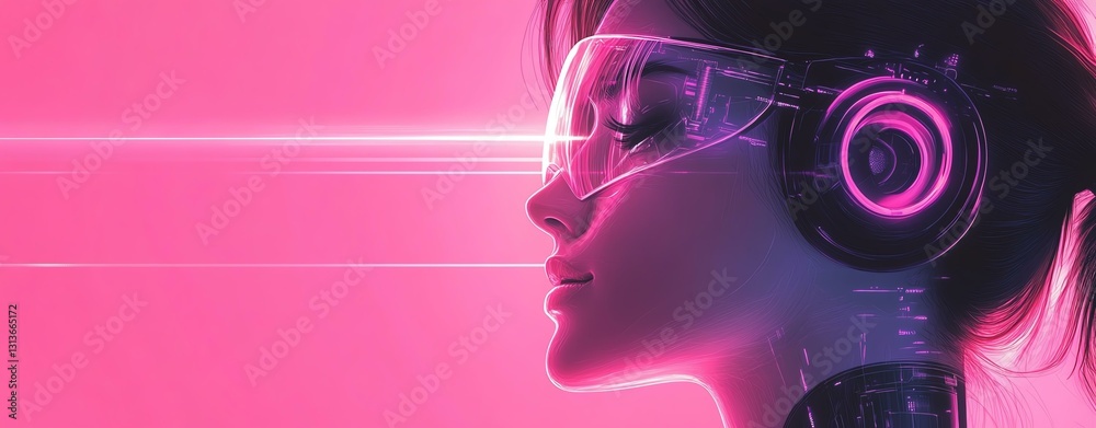 Obraz premium AI robotic icon flat art design Futuristic woman with virtual reality headset.