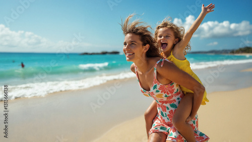 A joyful mother in a vibrant sundress gives her daughter a piggyback ride on a picturesque beach, perfect for Mother's Day marketing.