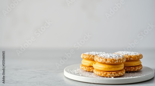 Elegant still life featuring powdered alfajores cookies with soft lighting effect