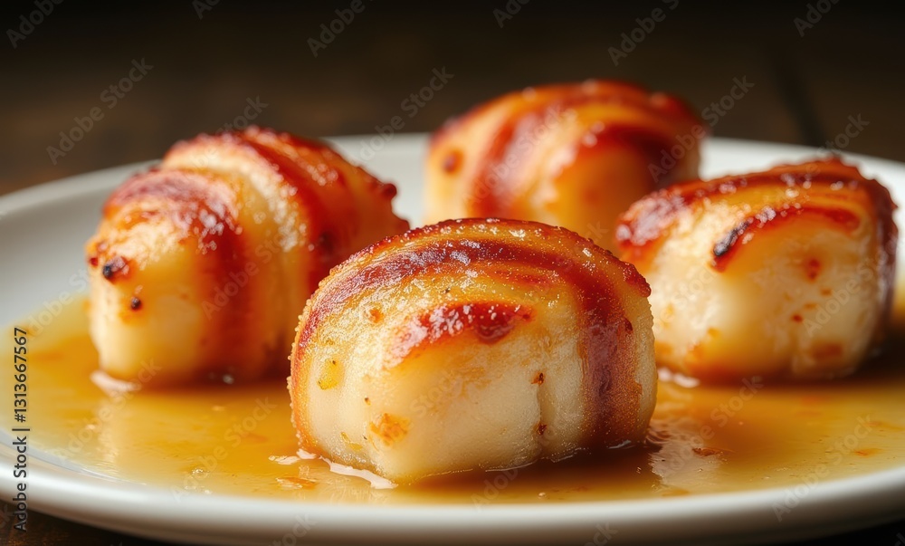 Savory bacon-wrapped scallops on plate Savory bacon-wrapped scallops on plate