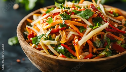 Delicious Colorful Vegetable Salad in Wooden Bowl