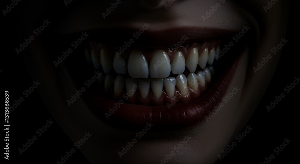 Creepy Smile with Exaggerated Teeth and Dark Shadows. Eerie Horror Illustration Creepy Smile with Exaggerated Teeth and Dark Shadows. Eerie Horror Illustration