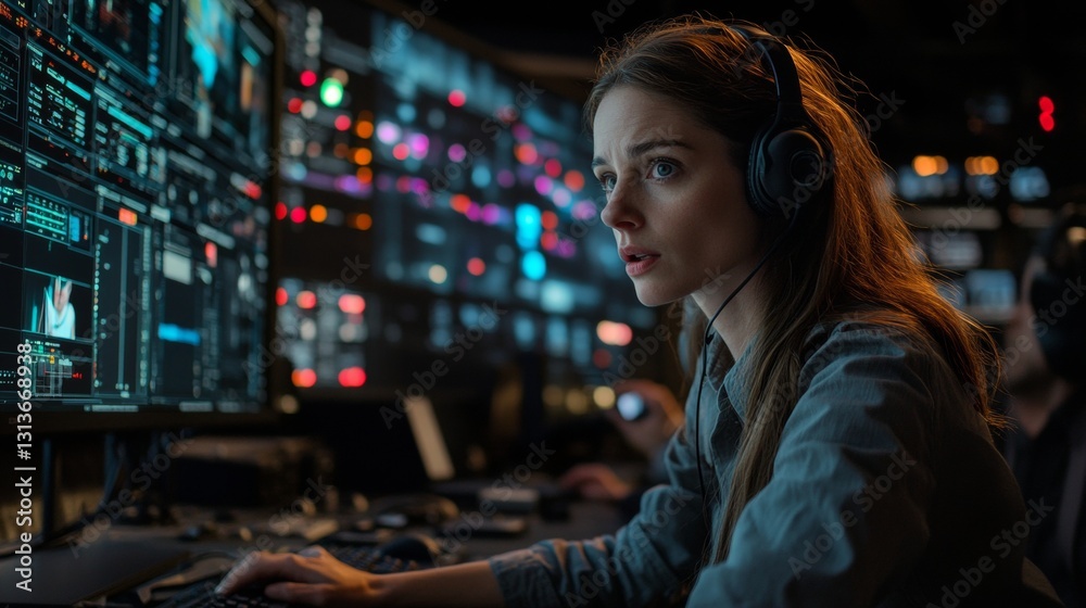 Focused female data analyst monitoring complex systems on multiple screens Focused female data analyst monitoring complex systems on multiple screens