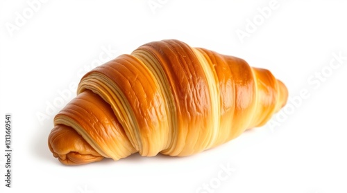Golden brown croissant with visible flaky layers on a pristine white backdrop