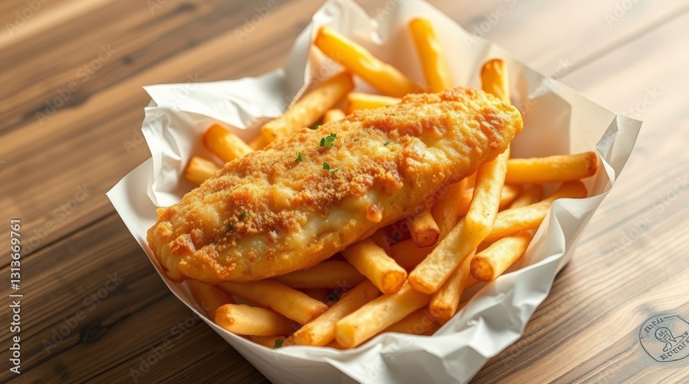 Golden crispy fish and chips served in a paper container on rustic wood Golden crispy fish and chips served in a paper container on rustic wood