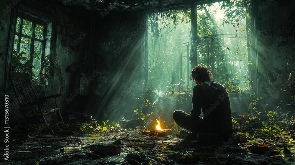 Survivor Man Sitting by Fire in a Mysterious Forest Scene Survivor Man Sitting by Fire in a Mysterious Forest Scene