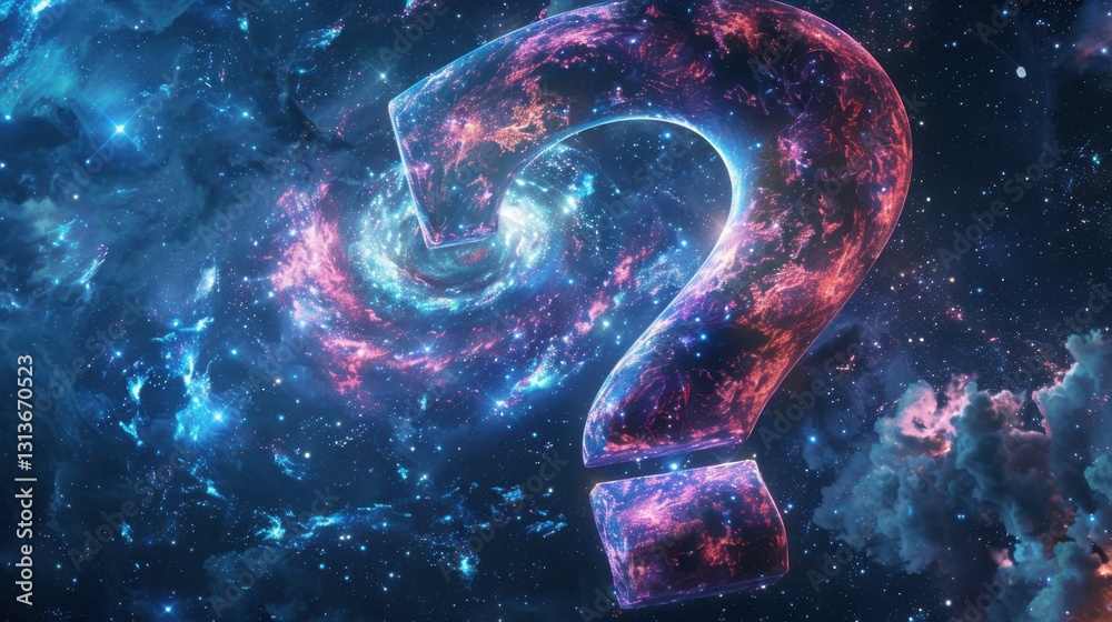 Cosmic Question Mark Filled with Swirling Galaxies and Stars in a Mystical Space Design Cosmic Question Mark Filled with Swirling Galaxies and Stars in a Mystical Space Design