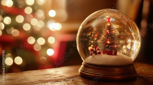 Enchanting Christmas Snow Globe with Miniature Tree and Colorful Lights, Capturing the Spirit of Festive Celebrations in a Cozy Holiday Setting