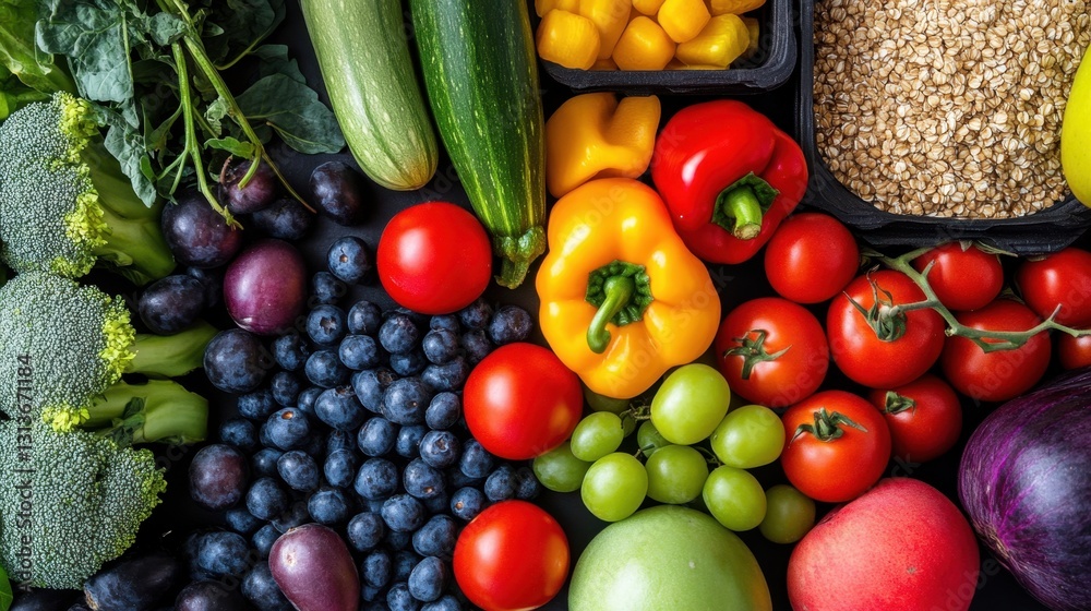 Fresh and Colorful Array of Fruits and Vegetables with Broccoli, Bell Pepper, Tomatoes, Blueberries, Zucchini, and Oats on a Black Background Fresh and Colorful Array of Fruits and Vegetables with Broccoli, Bell Pepper, Tomatoes, Blueberries, Zucchini, and Oats on a Black Background