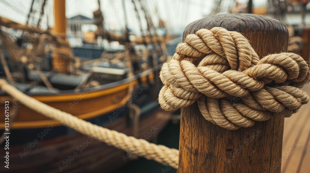 Detailed close-up of a rope knot on a wooden post in a maritime museum, with antique ships on display in the background. Detailed close-up of a rope knot on a wooden post in a maritime museum, with antique ships on display in the background.