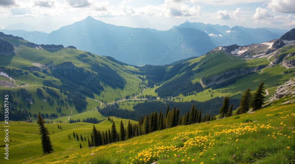 Fototapeta premium Lush Alpine Valley View with Vibrant Meadows and Distant Mountainscape Majesty