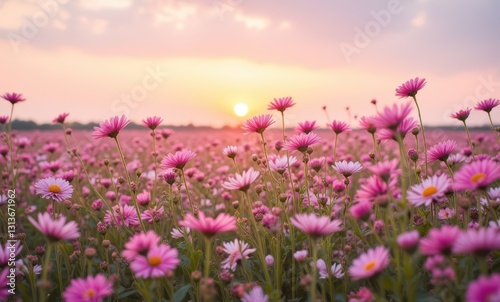 Vibrant pink flowers at sunset