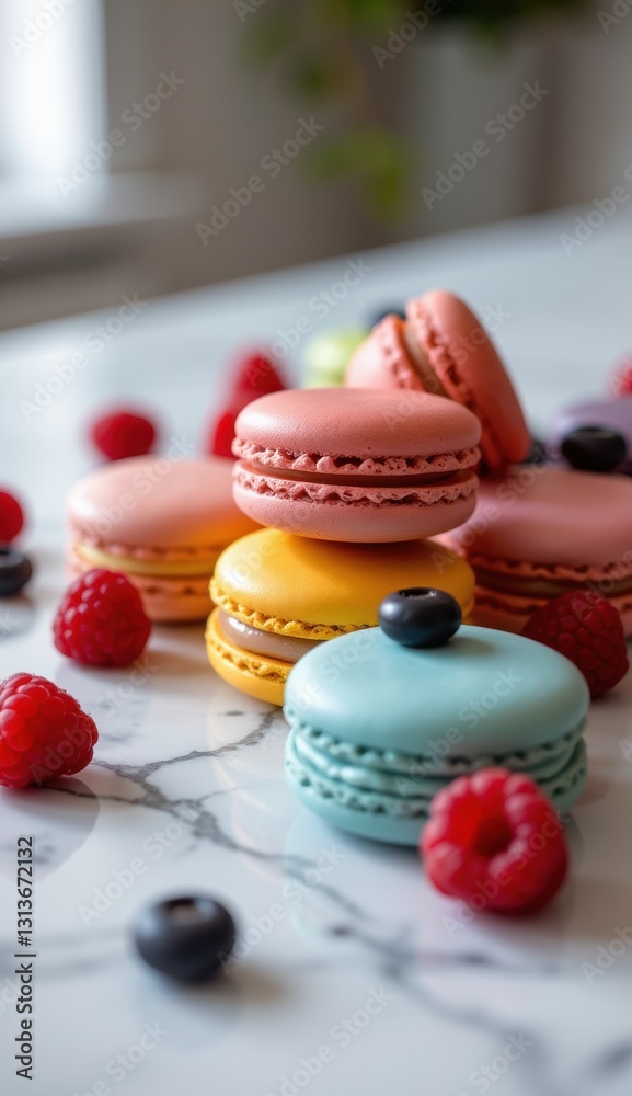 Fototapeta premium close-up shot of colorful macarons with fresh raspberries and dark berries, arranged on a marble surface, suggesting a bright, modern, and elegant dessert setting.