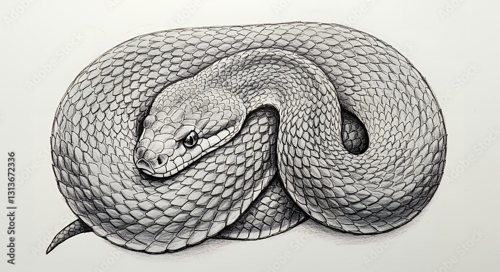 Fototapeta premium Hand-Drawn Snake Sketch with Detailed Scales and Coiled Pose