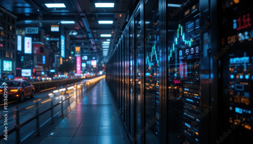Modern Data Center with Night Cityscape and Stock Market Display Modern Data Center with Night Cityscape and Stock Market Display