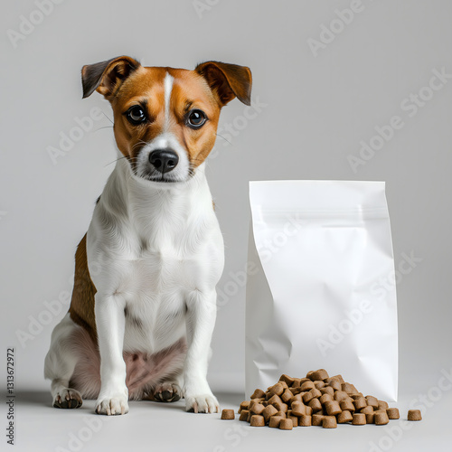 Adorable Dog Sitting Next to a Blank Pet Food Bag and Kibble on White Background. A cute brown and white dog sits beside a blank white pet food bag with kibble spilled on the floor
