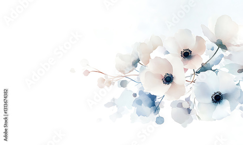 Soft watercolor painting of delicate white and blush flowers with serene pastel background. generative ai