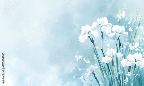 Elegant white iris flowers painted in soft watercolor with pastel background. generative ai