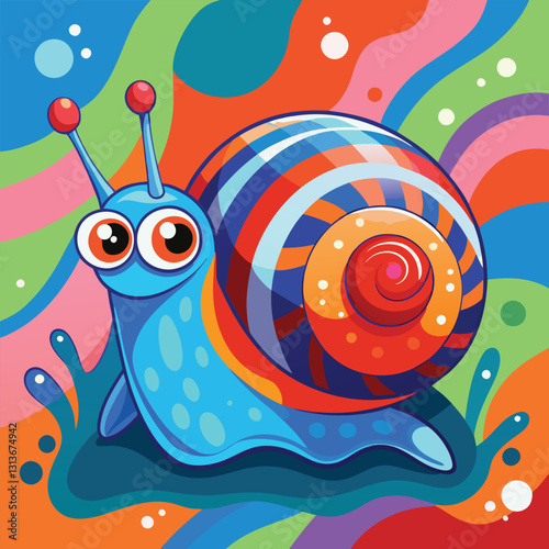 snail on a colorful background Round colorful shell snail crawls and smiles
