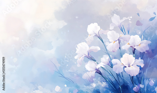 Serene watercolor illustration of elegant white iris flowers on pastel background. generative ai