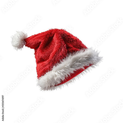 A vibrant and cheerful red Santa hat adorned with white fluffy trim and a pom-pom, evoking the joyful spirit of Christmas and the warmth of holiday celebrations. photo