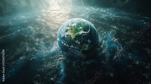 An ultra-realistic image of the planet Earth submerged underwater. 