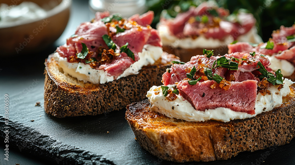 Delicious toast topped with roast beef, cream cheese, and herbs Delicious toast topped with roast beef, cream cheese, and herbs