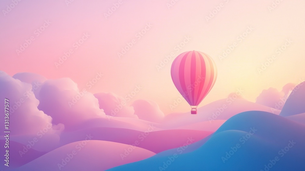 Fototapeta premium Colorful hot air balloon soaring above soft pastel clouds during serene sunrise in a dreamy landscape with gentle hills and warm light