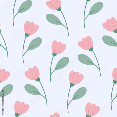 Seamless Pink Floral Pattern with Green Leaves