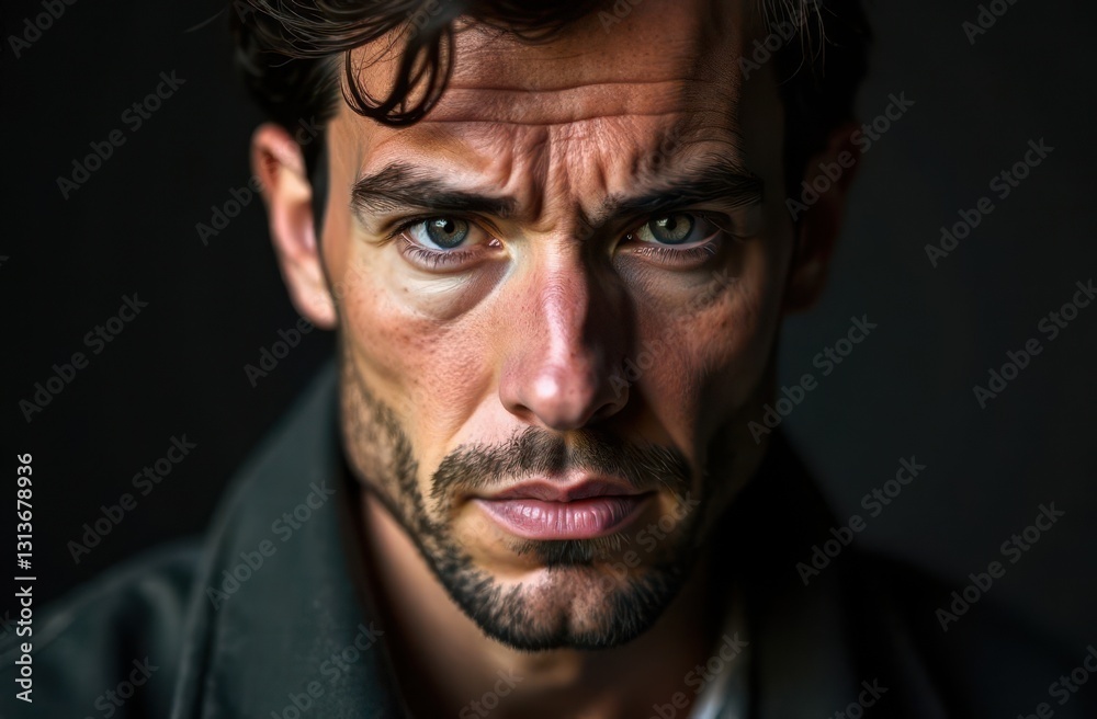 A man is depicted with a serious expression, showcasing defined facial features A man is depicted with a serious expression, showcasing defined facial features