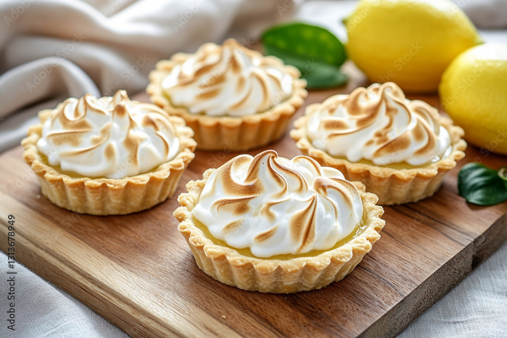 Delicate tartlets with lemon cream and meringue, served on a wooden board Delicate tartlets with lemon cream and meringue, served on a wooden board