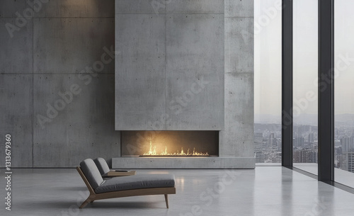 modern living room featuring concrete walls, large windows, and cozy fireplace. minimalist design creates serene atmosphere, perfect for relaxation and enjoying city views