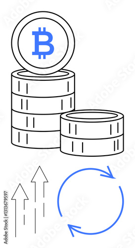 Bitcoin coin stacks with upward arrows and circular arrows representing digital currency growth, exchange, blockchain operations. Ideal for cryptocurrency, investment, blockchain, finance