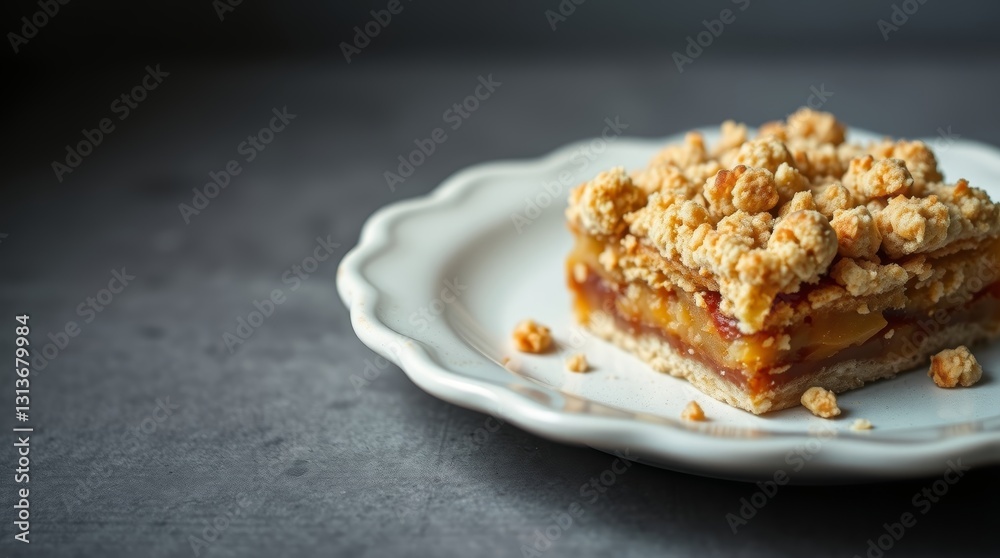 Warm apple crumble square on ornate plate, a delightful dessert presentation Warm apple crumble square on ornate plate, a delightful dessert presentation