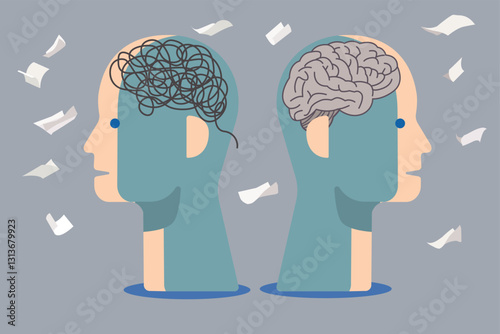 Organizing thoughts and decluttering mind represented by two heads. Psychology. Mental health