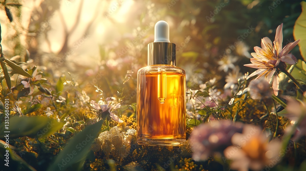 Botanical Essence Bottle Amidst Lush Floral Landscape Botanical Essence Bottle Amidst Lush Floral Landscape
