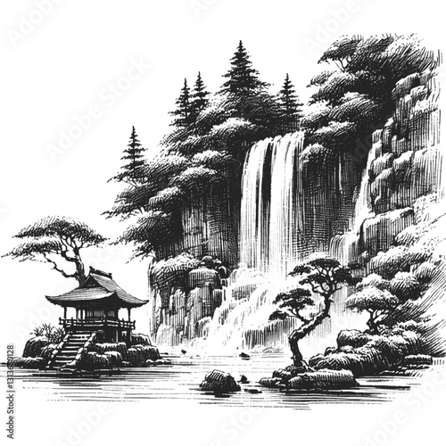 Line art drawing of waterfall nature landscape ink sketch vector hand drawn illustration background, cascading beauty