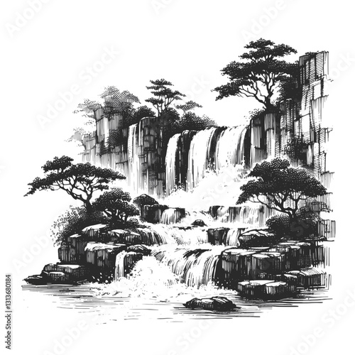 Line art drawing of waterfall nature landscape ink sketch vector hand drawn illustration background, the roaring veil
