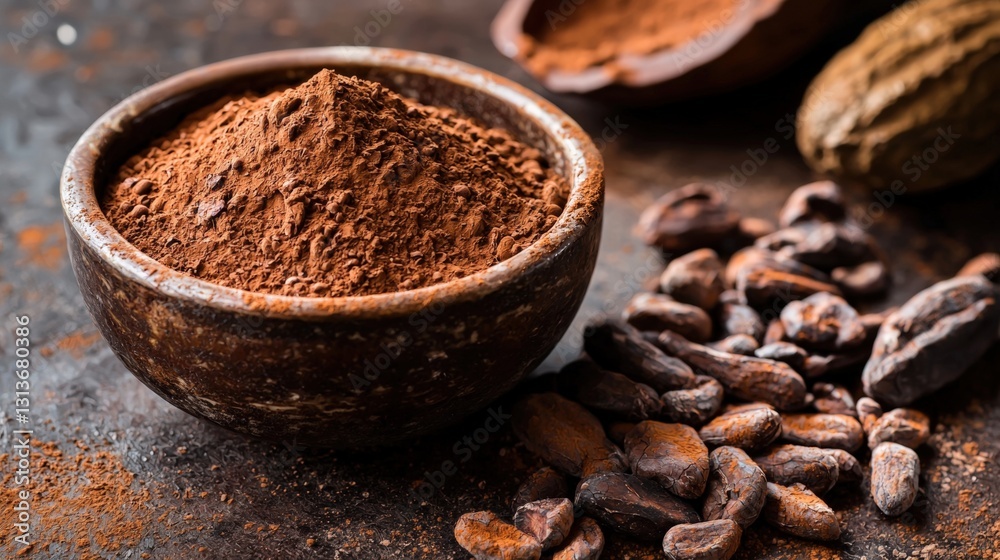 A captivating display of cocoa powder and whole cocoa beans highlighting the rich flavors of african spiced cocoa A captivating display of cocoa powder and whole cocoa beans highlighting the rich flavors of african spiced cocoa