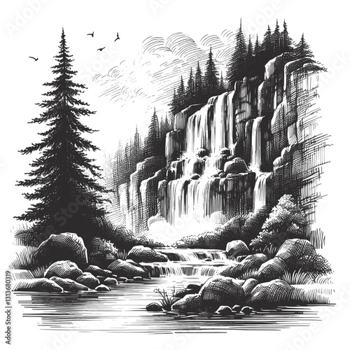 Line art drawing of waterfall nature landscape ink sketch vector hand drawn illustration background, the crystal curtain