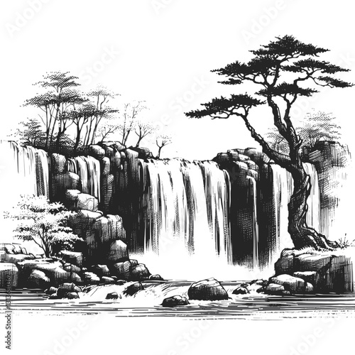 Line art drawing of waterfall nature landscape ink sketch vector hand drawn illustration background, rush of tranquility