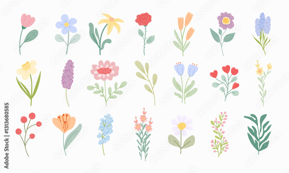 Obraz premium Colorful Hand Drawn Floral Illustrations Set