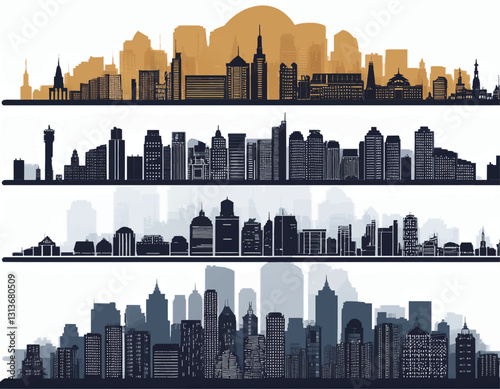 City silhouette skyline collection. Set of black city silhouette. Night town skyline icons